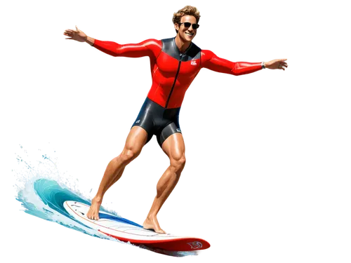 Muscular man, windsurfer, solo, athletic build, sunglasses, messy hair, golden tan skin, bright smile, red life jacket, white rash guard, black wetsuit, silver harness, board underfoot, sail fully inf