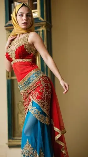 a red belly dancer dress with a veil, the dress has a intricate lace details on the bodice and skirt, gold embroidery on the bodice, there is a blue strap over the dress, one leg bent at the knee, lig