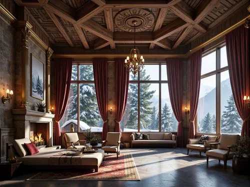 Grandiose ski resort, ornate wooden chalets, intricate stone carvings, lavish furnishings, opulent chandeliers, regal red velvet drapes, golden accents, marble floors, crystal windows, snow-capped mou