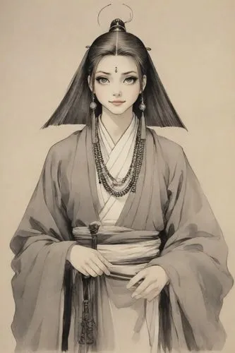 a drawing of an asian woman in a kimono and necklace,utamaro,kuanyin,kunqu,maiko,geisha,seimei,oiran,geisha girl,komei,sanjuro,yi sun sin,diaochan,sensu,hakama,sakon,geiko,daiyu,shiranui,ugetsu,rakugo