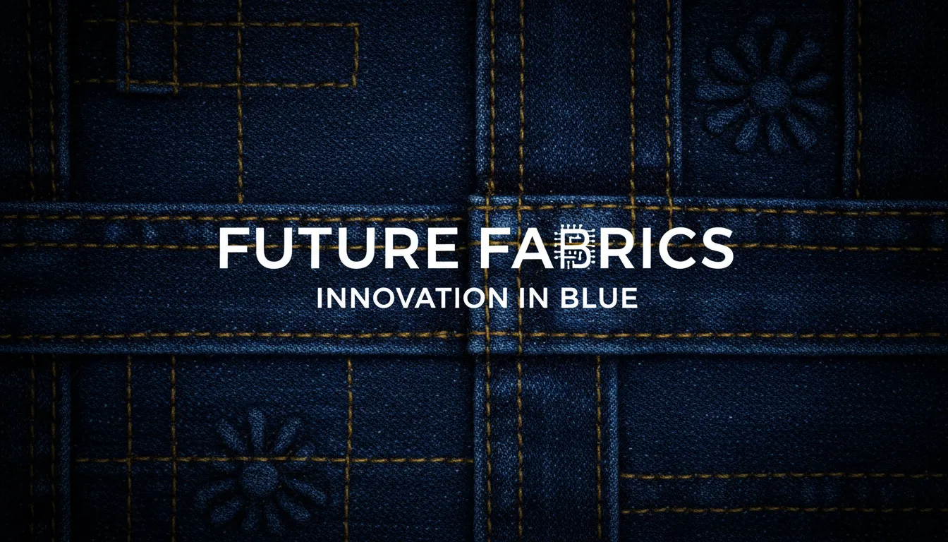 Eine Nahaufnahme einer hyperrealistischen, KI-generierten dunkelblauen Jeans-Textur mit detaillierten Nähten und Gewebestruktur, die als Hintergrund für ein modernes Posterdesign verwendet wird.