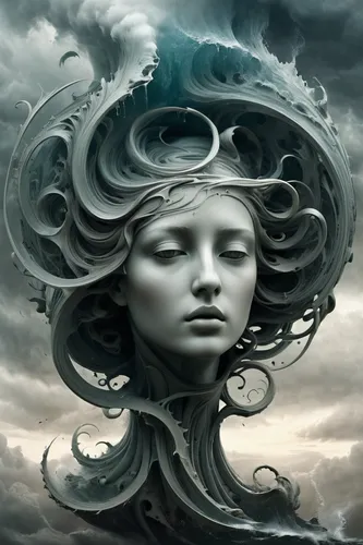 in the style of classical statues, anton semenov, swirling vortexes, I can't believe how beautiful this is ,medusa,the wind from the sea,siren,the sea maid,god of the sea,the zodiac sign pisces,sea st