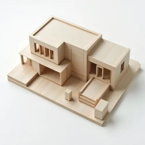 A conceptual model of an architectural house, presented in the form of wood and glass on display at the New York Museum of Art with a white background. The design features multiple levels and rectangu