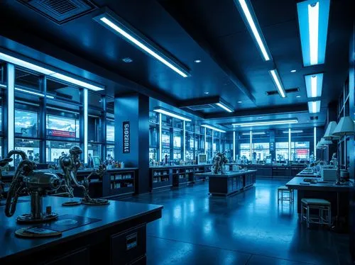 Futuristic laboratory, navy blue accents, neon lights, metallic surfaces, experimental equipment, sleek lines, minimalist design, avant-garde architecture, bold geometric shapes, abstract patterns, hi