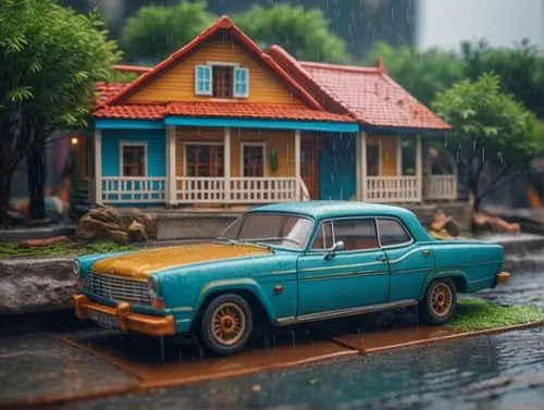 miniature house,3d car model,retro vehicle,retro car,pickup-truck,retro automobile,tilt shift,ford truck,volvo amazon,matchbox car,model car,suburban,wind-up toy,volvo 66,house by the water,little hou