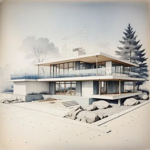 a large modern house surrounded by some trees,mid century house,neutra,mid century modern,eichler,midcentury,seidler,docomomo,mid century,matruschka,corbusier,corbu,dunes house,model years 1958 to 196