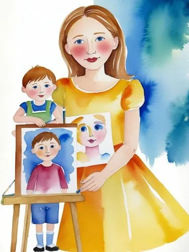 In a childlike, naive watercolor style, 7-year-old Marco paints his teacher, Miss Kaiser.,a woman and child painting with watercolor on paper,kids illustration,mother with children,photo painting,chil