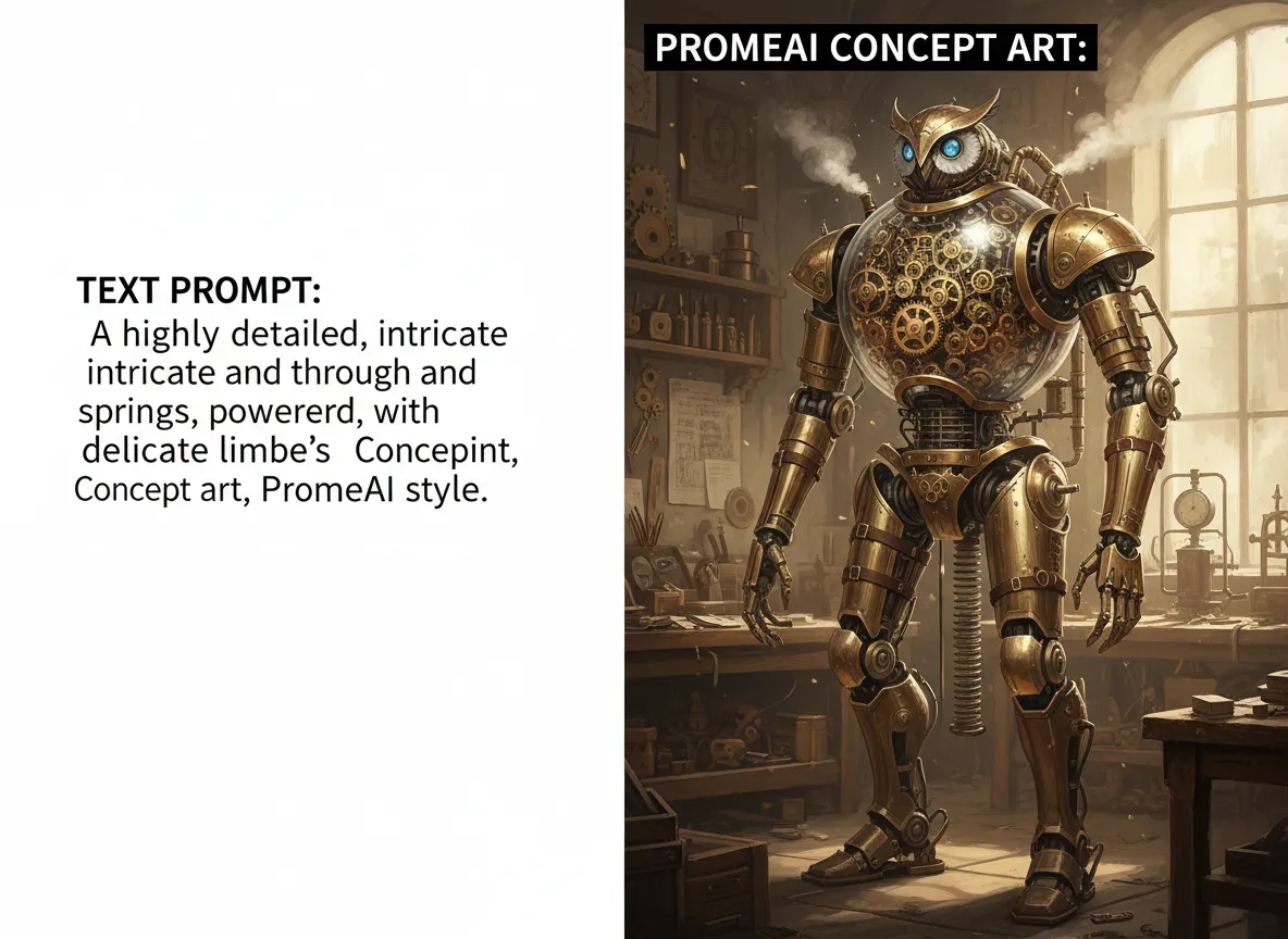 Ein direkter Vergleich, der eine Texteingabe und eine von PromeAI generierte, vollständig gerenderte Clockpunk-Automaten-Konzeptkunst zeigt.