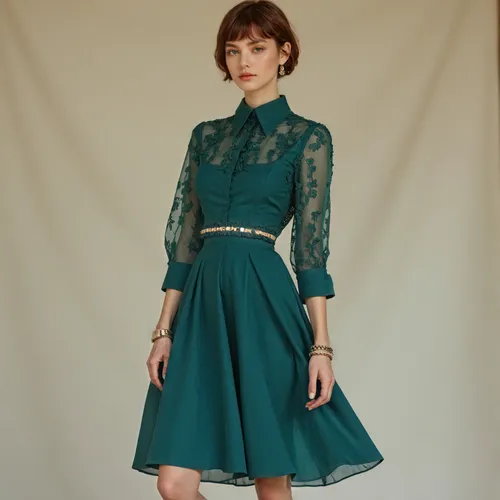 enhance image quality,a woman in a dark blue-green knee-length dress,vintage dress,hemline,emerald,hemlines,hemmed,nice dress