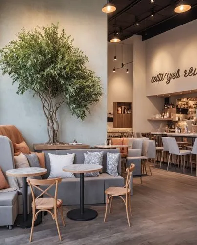 Interior design,modern furniture set up with a large tree in the corner,the coffee shop,coffee zone,coffee shop,anthropologie,ivillage,natuzzi,dalgona coffee,modern decor,artemy,panera,contemporary de