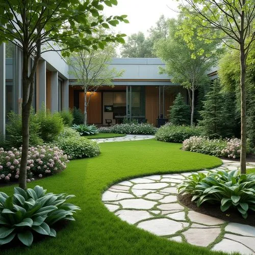 A modern-style small courtyard is exquisitely beautiful and creatively designed. Lush green lawn and carefully arranged flower beds add vibrancy and color to the space. A winding pathway allows for ea