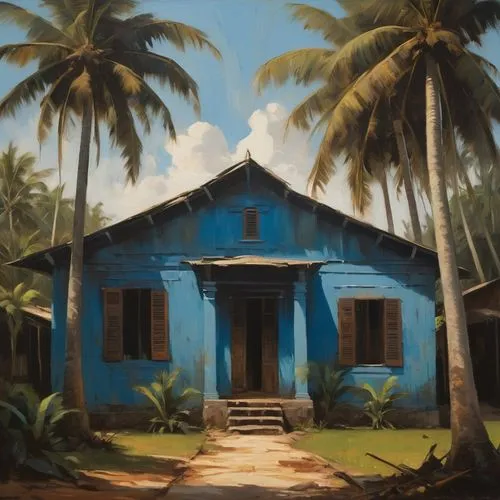 Loose, smudge, dark, abstract painting of a colonial farmhouse, with blue wooden doors and windows, with large coconut trees around, and slaves working,kerala,kudankulam,kunnamkulam,pallekele,madras,g