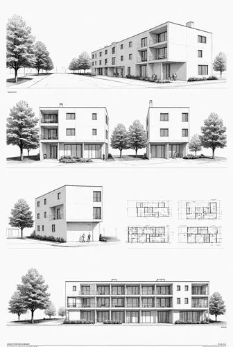 some drawing shows different levels of different buildings,houses clipart,cohousing,apartment buildings,habitaciones,elevations,plattenbau