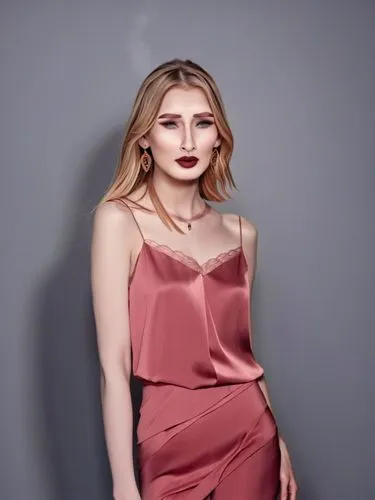 Shyanne with her characteristic long nose bridge at the model shoot,woman in red satin dress standing up with eyes closed,portrait background,smoke background,colorizing,pink background,red smoke,eleg