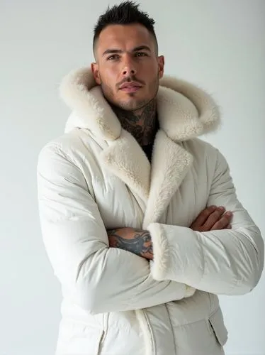 close up, Handsome muscular manly male model, brutal, tattoo, 38 year old, short hair, bristle, dinamic pose, dressed in a white winter coat, bold style, full - body shot, simple and luxurious, high -
