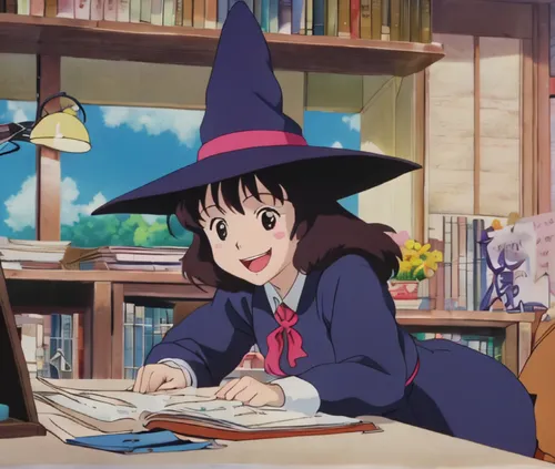 1980s anime screenshot, witch desk at enviornment,witch ban,witch hat,witch's hat,witch,witch broom,witches' hats,witch's hat icon,halloween witch,wizard,akko,scholar,witches hat,magic book,magical,wi