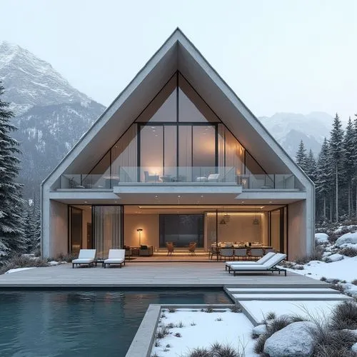A hyper-realistic, high-resolution architectural photograph of a luxurious, alpine-style modern villa nestled in a mountainous landscape. The home features a prominent A-frame roof and is constructed 