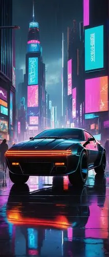 Free Dall-E 2, futuristic cityscape, neon lights reflecting off the wet pavement, a giant skyscraper in the background, holographic advertisements floating in mid-air, a sleek black sports car speedin