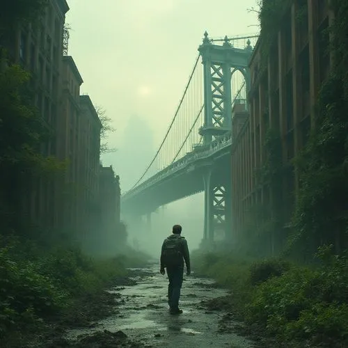 "New York City in a post-apocalyptic future, years after a devastating nuclear explosion. Iconic skyscrapers like the Empire State and the remains of the Brooklyn Bridge are covered with vines and tre
