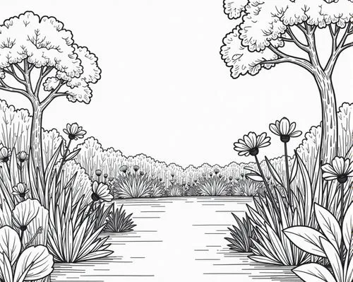 garden,black and white line drawing of trees near the water,reedbeds,pond plants,reedbed,swampy landscape,wetlands,wetland,Illustration,Black and White,Black and White 01