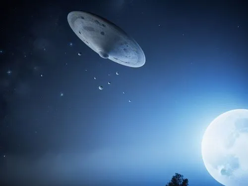 alien romulus,the flying object is hovering towards a moon,moon and star background,galilean moons,asteroids,earth rise,aldebaran,moons