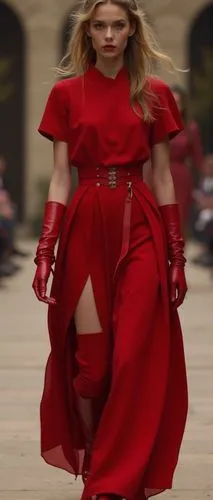 fashion adult teen wear mix red colored long elegant dress with short sleeves and  long leather gloves extend to under the sleeves of the dress and color thigh high boots matching the color of the dre