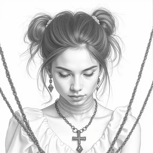 sketch pencil design,drawing of a woman in white dress with a cross hanging from her neck,rosary,upbraid,necklaced,circlet,braid,girl portrait,braids,collared,cat's cradle,rosaries,knotting,digital dr