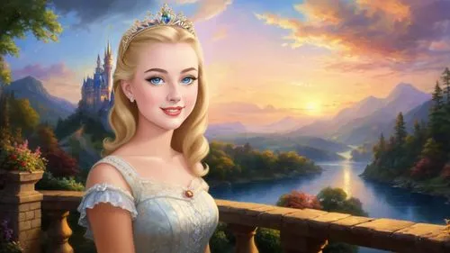 Romantic masterpiece oil painting, cute girl portrait, nostalgic 1950's style kitsch, breathtaking beautiful kingdom landscape, majestic fantasy scenery, evening lighting, highly detailed highres, abs