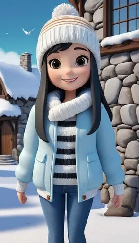 The image shows a young woman standing in a snowy landscape. She is wearing a white beanie, a black and white striped sweater, light blue jeans, and a light blue jacket. She has long dark hair and is 