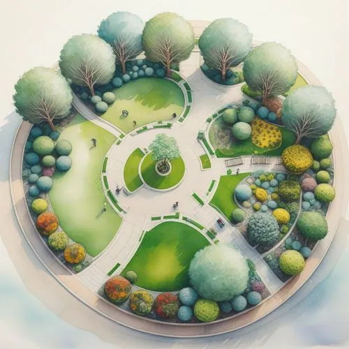 Top view, Landscape planning, Landscape layout plan, daytime, curved park, children's playground, street trees along the road, with a large curved playground area in the middle