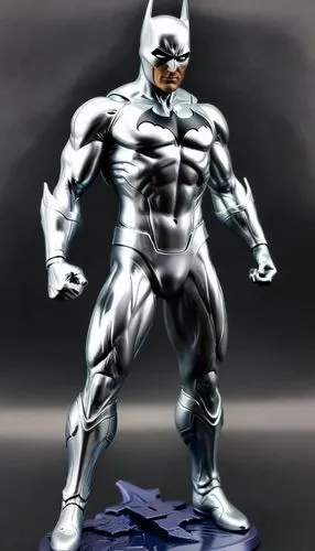 Action figure, fusão de Surfista Prateado e Batman,a batman statue stands on top of a small plastic toy,silver surfer,steel man,steelman,3d figure,metal figure,shadowhawk,Unique,3D,Garage Kits