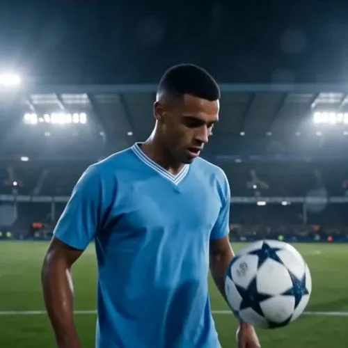 12-second football climax short for Western TikTok/Reels audiences, 16:9, no text, no logos, no subtitles.

0-2s: Under stadium floodlights, a forward receives the ball near the top of the box with de
