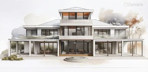 this is a rendering of some large houses with lots of windows,house drawing,garden elevation,frame house,renovation,core renovation,renovate