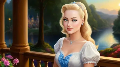 Romantic masterpiece oil painting, cute girl portrait, nostalgic 1950's style kitsch, breathtaking beautiful Disney kingdom landscape, majestic fantasy scenery, evening lighting, highly detailed highr