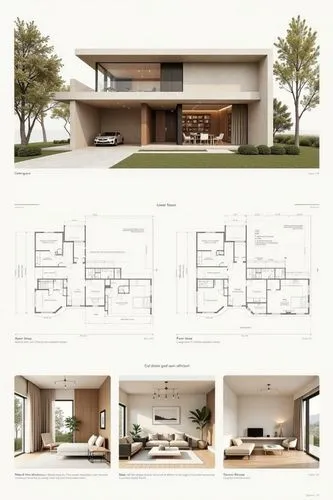 A professional architectural presentation board with a Pure background and a clean, minimalist design layout. The board includes:

Top Section: On the top left, a photorealistic render of a contempora
