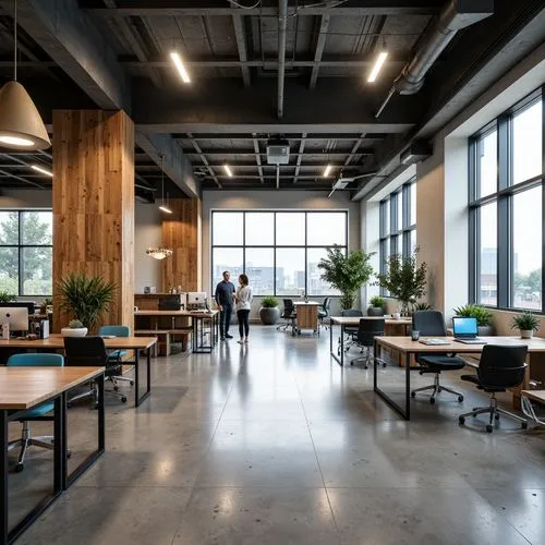 Modern office interior, open floor plan, minimalist decor, functional workstations, ergonomic chairs, sleek desks, collaborative spaces, acoustic panels, natural light, floor-to-ceiling windows, indus