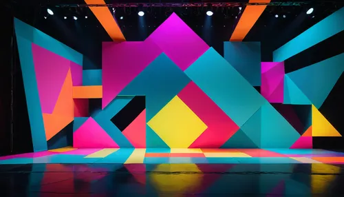 modern tv stage design,dance show,geometry,light,colour,neon,construction,mapping,structures,stage design,scenography,triangles background,chevrons,the stage,letter blocks,low poly,theater stage,polyg