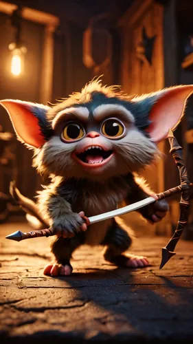 Dive into a playful yet mischievous scene with a macro shot of a gremlin and a Gizmo Mogwai. The gremlin, with its expressive eyes and fluffy brown fur, bares its razor-sharp claws in a playful attack