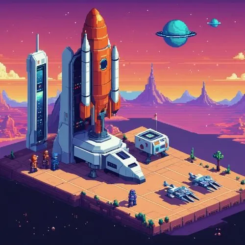 Pixel Art， game Scene,space port,spaceport,spacescraft,spacedev,space ships,taikonauts,spacebus,futuristic landscape,space art,planetrx,spaceports,spaceships,spaceship space,retro background,space voy