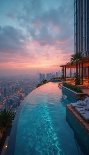 A panoramic view of AURA Skypool in Dubai, perched 210 meters above sea level on the 50th floor of The Palm Tower. The infinity pool stretches seamlessly in a 360° circle, offering breathtaking views 