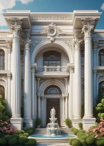Neoclassical building, grand entrance, ionic columns, ornate carvings, symmetrical facade, white marble, intricately designed archways, imposing stone statues, lush greenery surrounding, vibrant flowe