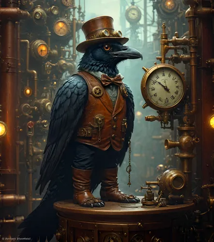 The background is filled with large various steampunk devices and a large 19th century steampunk airship. The center of attention is a surreal large figure of a bird - a large black raven controlling 