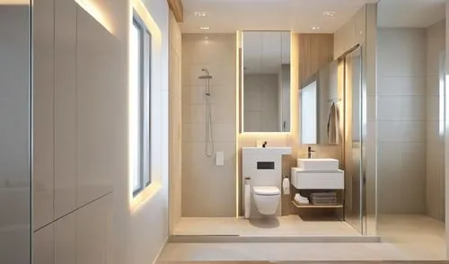interior room render, tv unit and bed back is in louvers, use light colors, add realistic  materials according to the reference, add lighting
,a bathroom with a toilet, mirror and walk in shower,moder