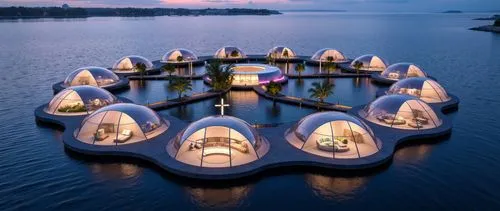 A sprawling, circular floating community with translucent domes and illuminated walkways, suspended over a calm ocean at dusk. Each dome houses residential and recreational areas with shimmering, colo