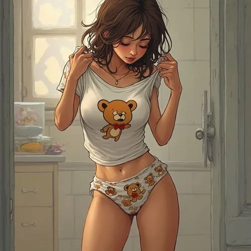 the woman is getting ready to leave the bathroom,pooh,girl with cereal bowl,sleepwear,teddies,cute bear,pajamas,morning girl,hello kitty,pajama,girl in t-shirt,cute cartoon image,teddy bear,teddy bear