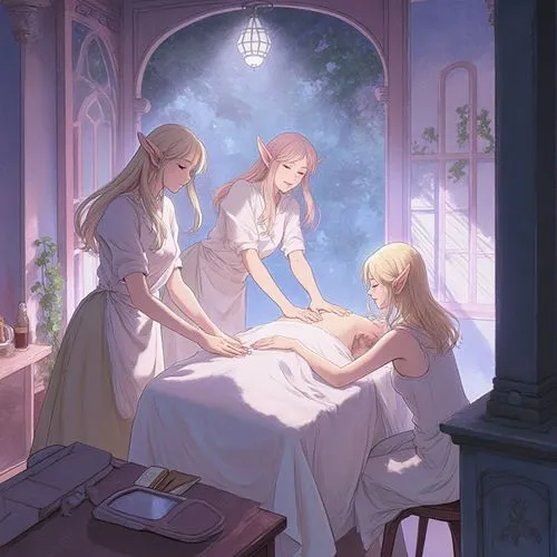 Realistic, manga-style illustration of a charming elf massage parlor in a serene atmosphere.
The masseurs are female elves who cater to their female clientele.,the woman are having a massage at the be