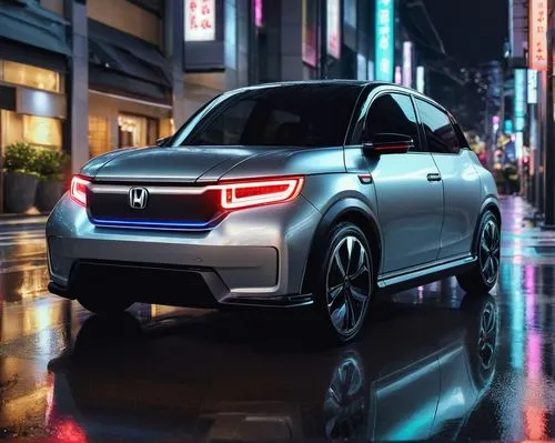 Honda E electric vehicle, futuristic design, sleek silver body, LED headlights, angular lines, metallic paint, chrome accents, sporty wheels, low-profile tires, cityscape background, Tokyo streets, ne