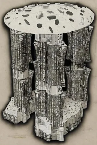 a Modern Building,an artistic drawing of a futuristic city on paper,column of dice,dices over newspaper,accumulator,round tin can,paper ball,coins stacks,dodecahedra,bingo tumbler,stack of paper,trunk