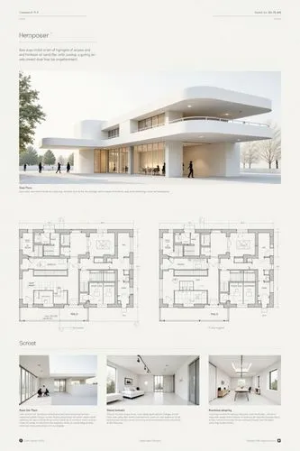 A professional architectural presentation board with a Pure background and a clean, minimalist design layout. The board includes:

Top Section: On the top left, a photorealistic render of a contempora