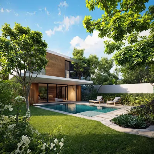 a classic courtyard villas, sustainable modern design,the backyard is filled with greenery and bushes,modern house,landscaped,mid century house,residential house,holiday villa,modern architecture,gard